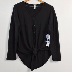 Women's Hacci Tie Front Button Down Black Long Sleeve Top,Size Medium,NWT